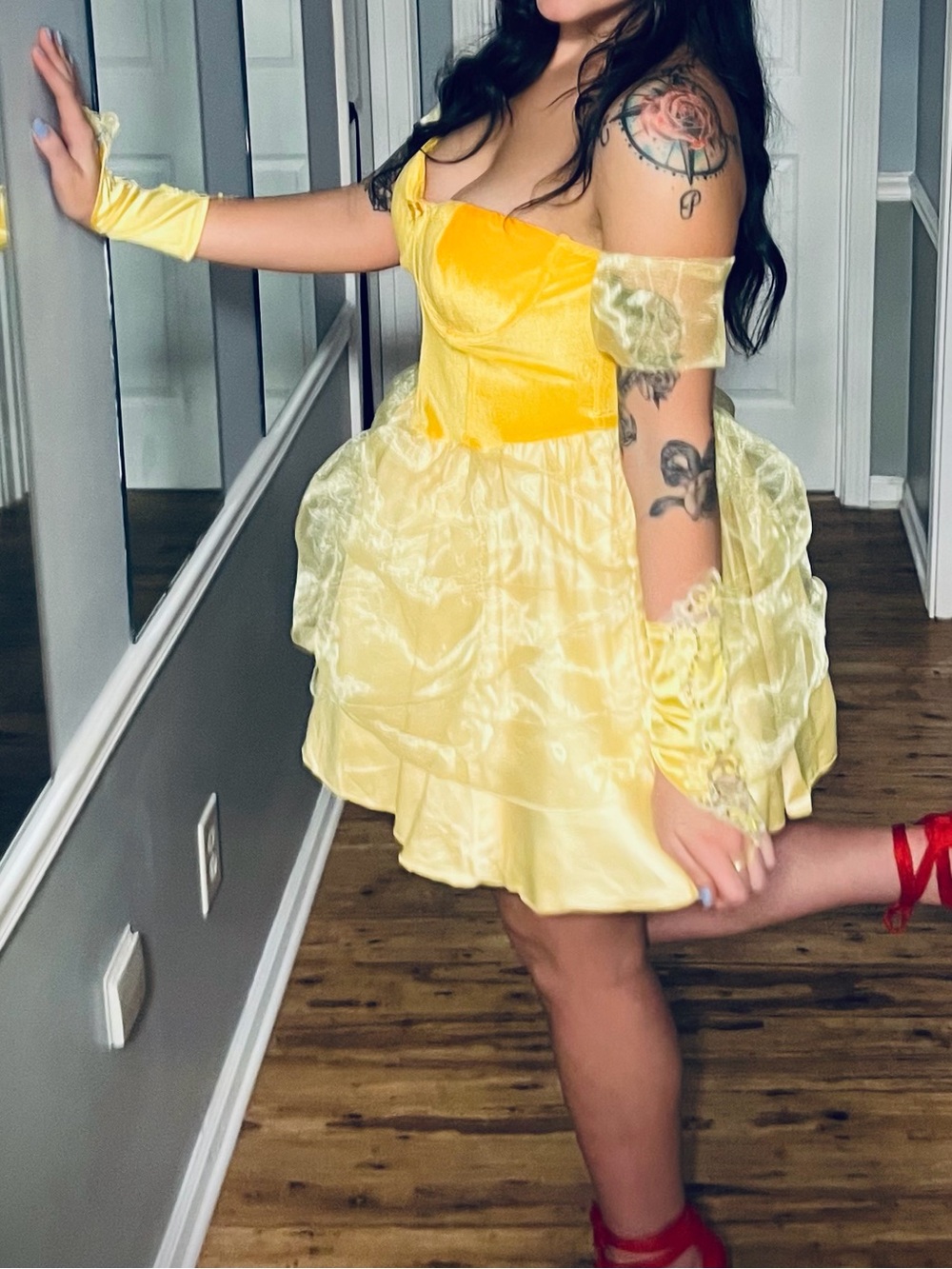 Dolls Kill Yellow Satin and Velvet Corset Belle Dress with Gloves